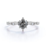 Unique .65 Carat Round Cut Natural Salt and Pepper Diamond Dainty Modern Engagement Ring in 18k White Gold over Silver