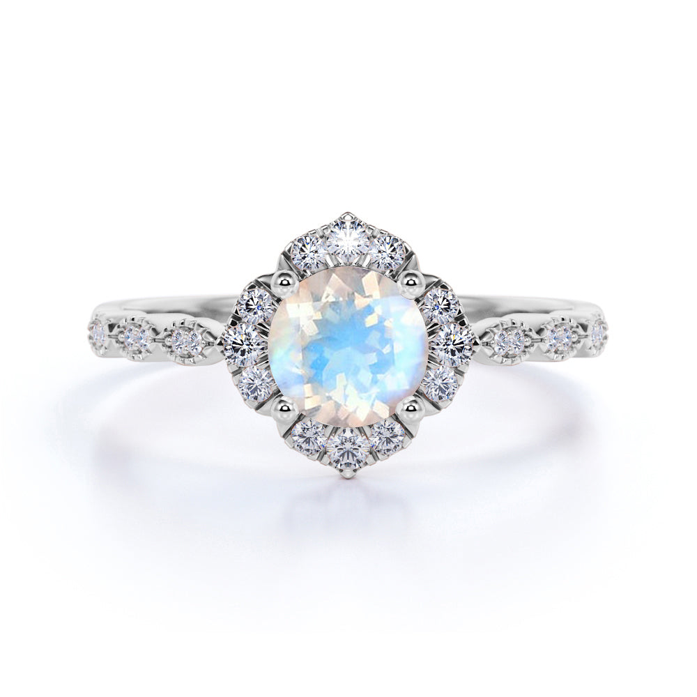 Bestselling 1.75 Carat Round Rainbow Moonstone and Diamond Antique Art Deco Engagement Ring in Rose Gold