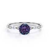 Four Prong 1.25 Carat Round Cut Lab Created Alexandrite And Diamond Modern Art Deco Engagement Ring In White Gold