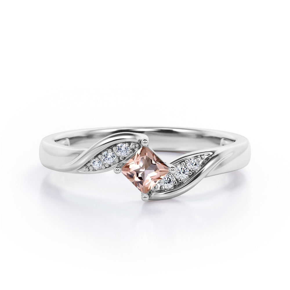 Twisted 7 Stone Ring - 0.55 carat Princess Morganite and Moissanite Elegant Engagement Ring in Rose Gold