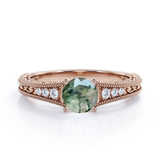 Estate-inspired 1 carat Round Moss Agate Art Decorative Anniversary Ring in White Gold - Mother's day, Birthday