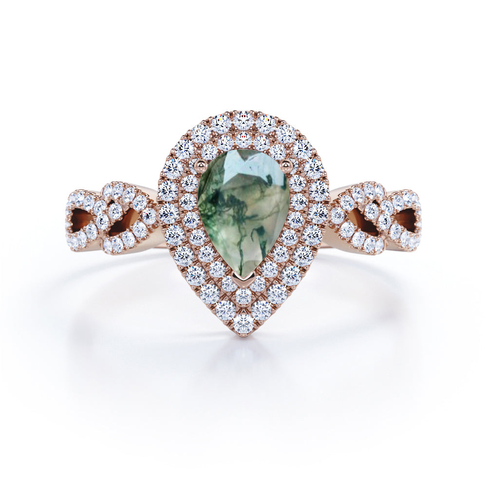 Double Halo 1.25 carat Pear Moss Agate and Moissanite Engagement Ring in White gold