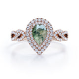 Double Halo 1.25 carat Pear Moss Agate and Moissanite Engagement Ring in White gold