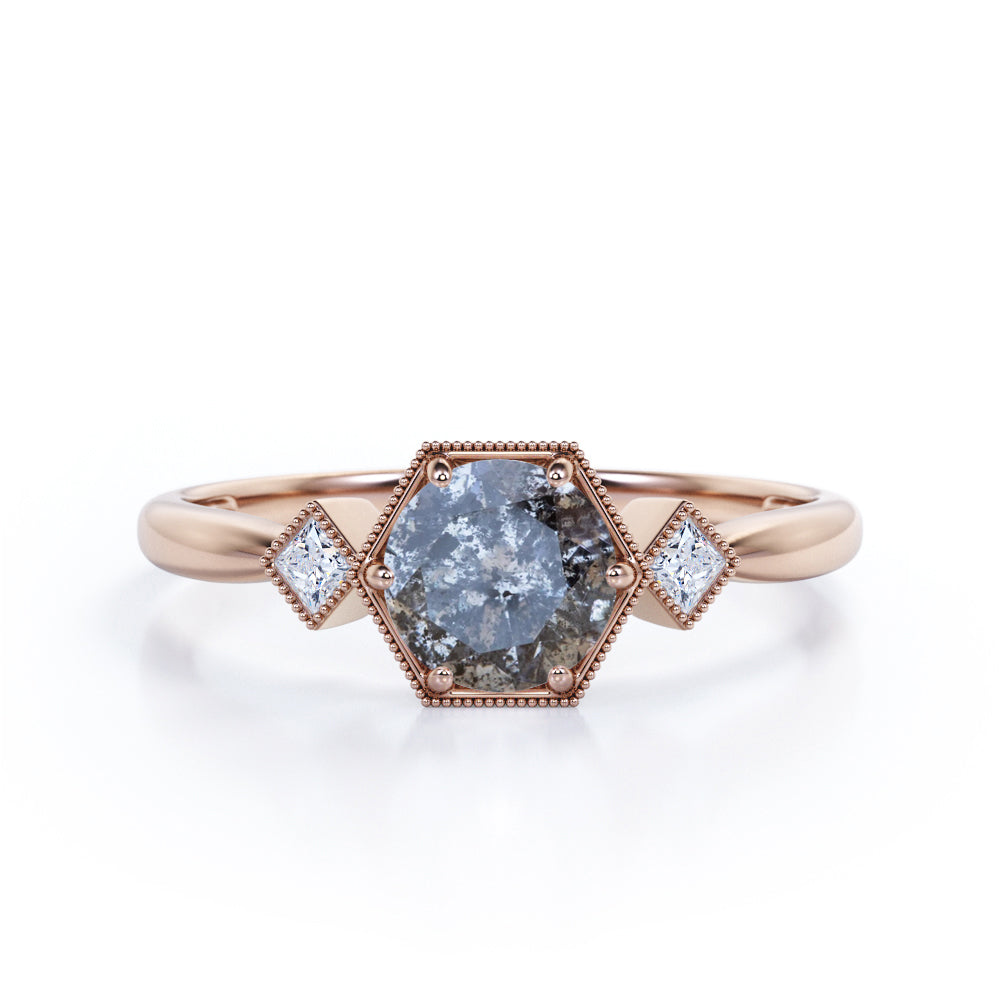 Hexagon Six Prong 0.45 Carat Brilliant Round Cut Icy Salt And Pepper Diamond Three Stone Trillion Engagement Ring In White Gold