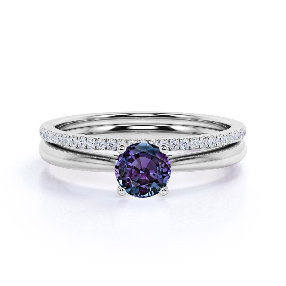 Plain Shank Solitaire 1.25 Carat Round Cut Simulated Alexandrite and Diamond Pave Bridal Set Rings