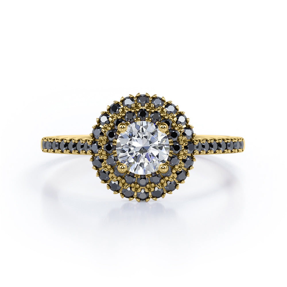 Double Halo Cluster - 1.5 TCW Round Shape Moissanite with Lab Created Black Diamond - Pave Accented Engagement Ring in Rose Gold