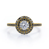 Double Halo Cluster - 1.5 TCW Round Shape Moissanite with Lab Created Black Diamond - Pave Accented Engagement Ring in Rose Gold