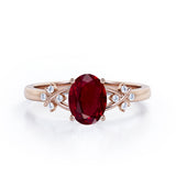Luxurious Clover Lucky Leaf 0.5 carat Oval Lab-Created Ruby and Diamond Engagement Ring in Rose Gold