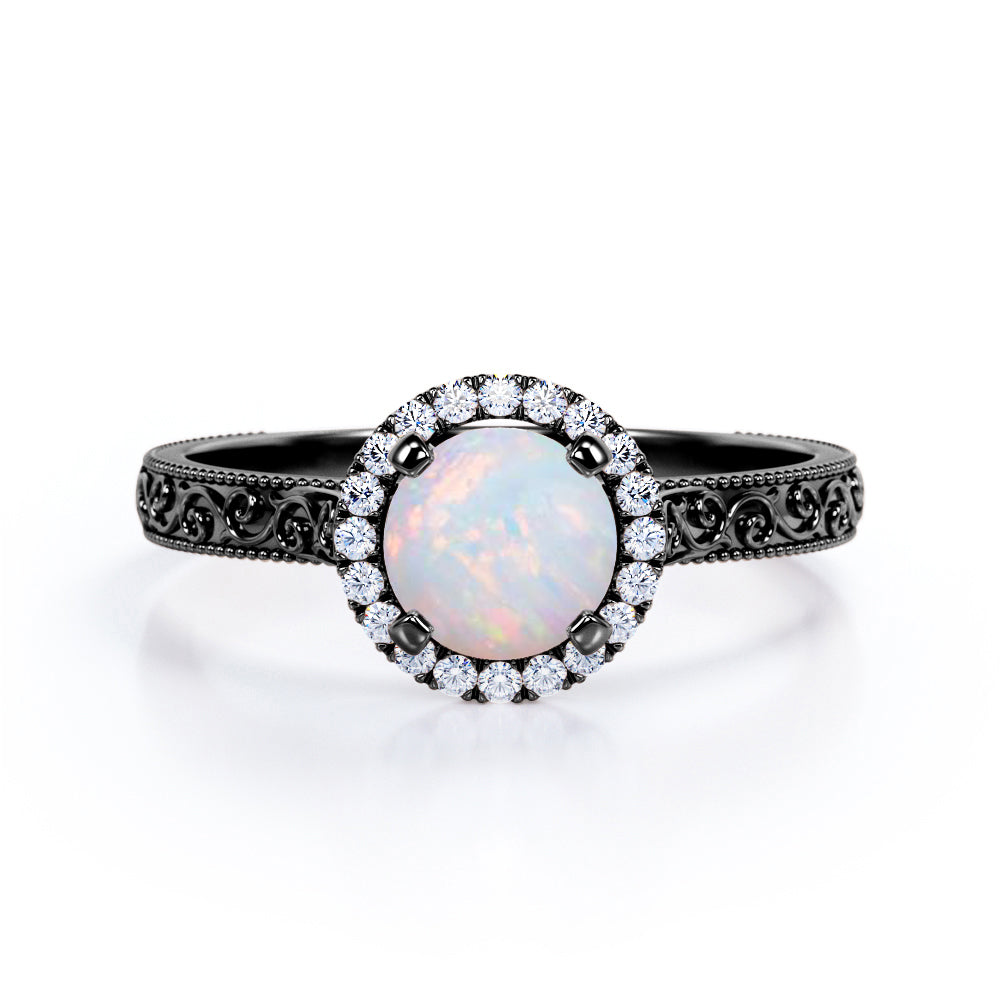 Art Deco 1.25 Carat Round Cut Genuine Opal And Diamond Halo Engagement Ring In White Gold