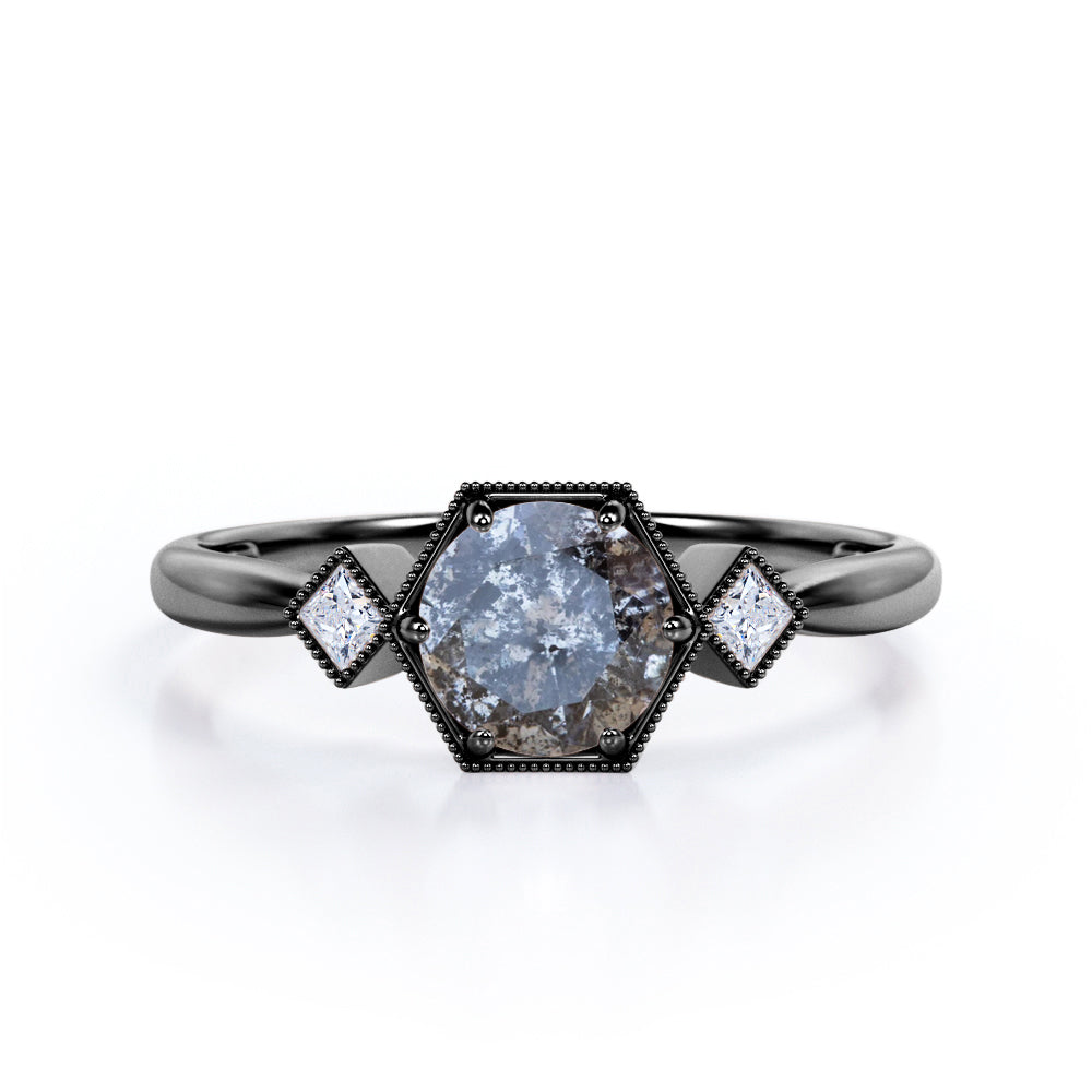 Hexagon Six Prong 0.45 Carat Brilliant Round Cut Icy Salt And Pepper Diamond Three Stone Trillion Engagement Ring In White Gold