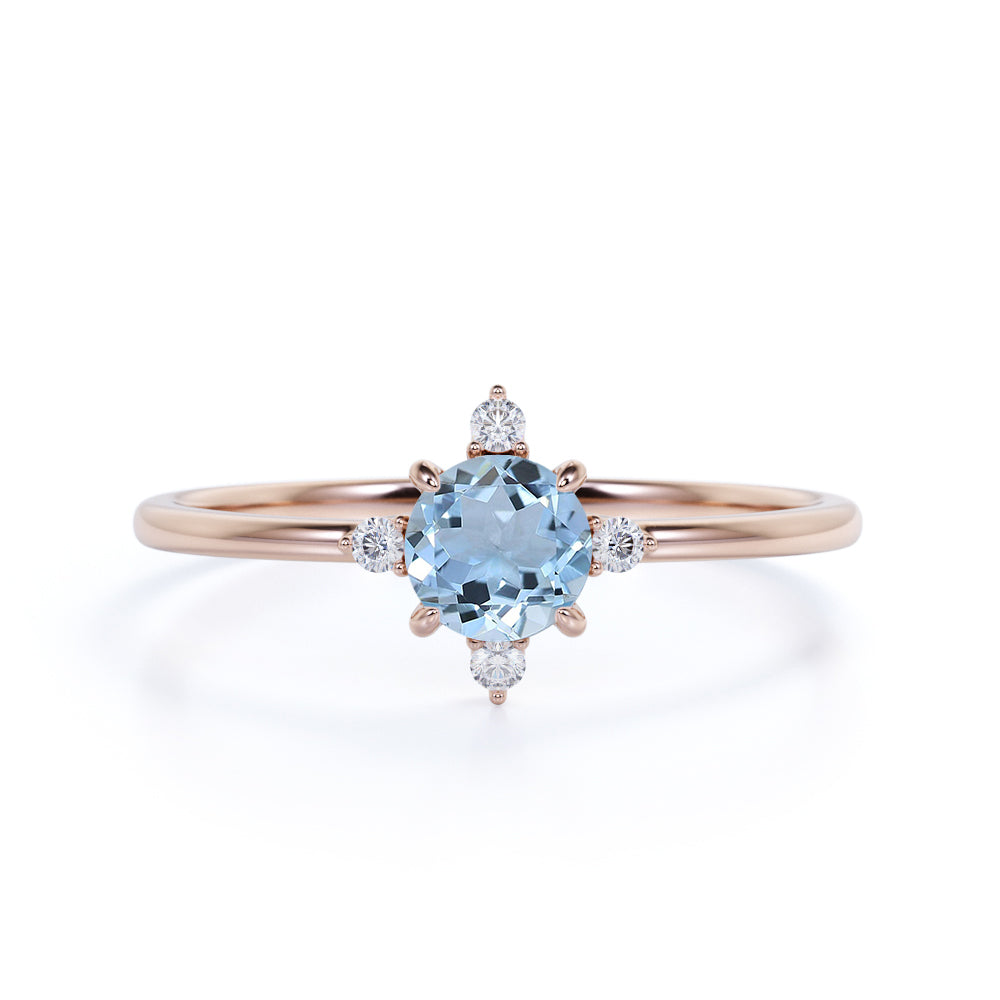 Limited Time Sale 1.45 Carat Round Cut Aquamarine and 5 Stone Diamond Vintage Engagement Ring in White Gold