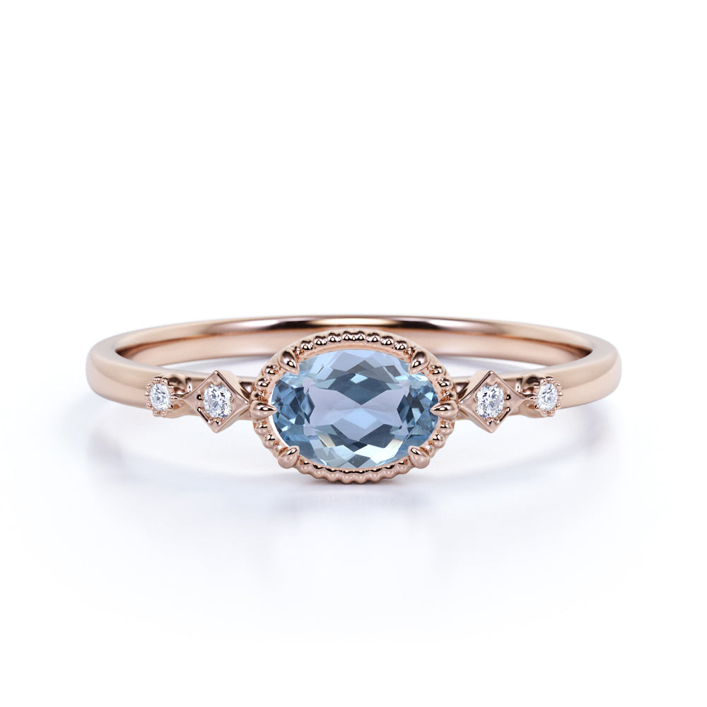Bestselling East West 1.10 Carat Oval Cut Aquamarine and Diamond Bezel Engagement Ring in White Gold