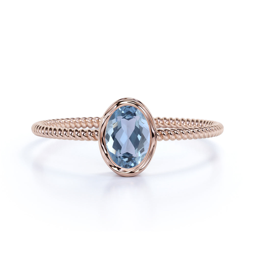 Perfect Bezel Setting 1 Carat Oval Aquamarine and Twisted Rope Engagement Ring in White Gold
