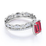Stylish Eternity Four Claw 1.50 Carat Emerald Cut Lab Ruby and Diamond Wedding Ring Set in White Gold