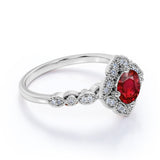 2 Carat Round Natural Ruby Wedding Set - Art Deco Ring - 18k White Gold over Silver