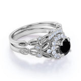 Artdeco 1.35 Carat Round cut Lab Black Diamond Wedding Bridal Ring Set in White Gold