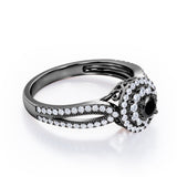 Double Halo Cluster 1.8 Carat Round-Shaped Black Diamond Split-Shaked Milgrain Pave Engagement Ring in White Gold