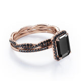 Crossover with Pave Accents - 1.75 TCW Emerald Cut Lab Created Black Diamond - Halo Bridal Ring Set in White Gold