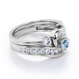 Twisted Tension - Prong 1 TCW Round Brilliant Cut Aquamarine and Moissanite - Flush Channel Wedding Set in White Gold