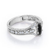 Unique Six Prongs 1.25 Carat Marquise Cut Black Diamond Vintage Filigree Engagement Ring In White Gold