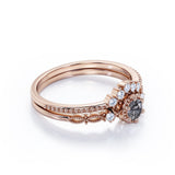 Trilogy Milgrain 0.65 Carat Round Cut Druzy Rutilated Quartz and Diamond Art Deco Wedding Set Rings for Her