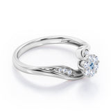 Floral Cloud Clustered 0.55 carat Round Aquamarine and Moissanite Distorted Engagement Ring in White Gold