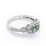 Floral Pattern 1.35 Carat Round Cut Green Moss Agate And Diamond Beaded Art Deco Engagement Ring In White Gold