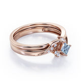 Petite Pave-Channel - 0.55 TCW Rhombus Princess Cut Aquamarine and Moissanite - Prong Tensioned Wedding Ring Set -  Rose Gold