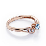 Curved Band - Six Prongs 0.5 carat Round Aquamarine and Moissanite Artistic Engagement Ring in Rose Gold