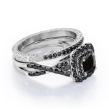 Filigree Twisted Pave 1.75 TCW Princess Cut Lab Created Black Diamond Rounded Square Double Halo Bridal Set in White Gold