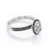 Halo Cluster 1.7 TCW Ovate Moissanite with Lab Created Black Diamond Wedding Set with Pave Accents in Rose Gold