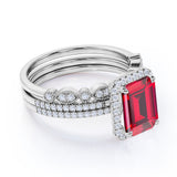 Pave Set 2.50 Carat Emerald Cut Lab Ruby and Diamond Halo Trio Wedding Set with Art Deco Band in White Gold