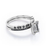 Milgrain Filigree - 1.55 TCW Emerald Cut Moissanite with Lab Created Black Diamond - Pave Accented Bridal Ring Set  in White Gold