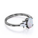 Leaf Design Eight Prongs 1.40 Carat Oval Cut Precious Fire Opal And Cubic Seven Stone Engagement Ring In Black Gold