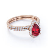 Perfect Bridal Set on Sale 1.50 carat Pear Cut Lab Ruby and Diamond Bridal Set in Rose Gold: Bestselling Design