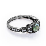 Floral Pattern 1.35 Carat Round Cut Green Moss Agate And Diamond Beaded Art Deco Engagement Ring In White Gold