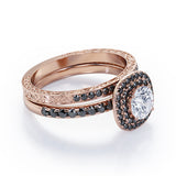 Cushion Double Halo 1.75 TCW Round Brilliant Cut Moissanite with Lab Created Black Diamond Bridal Set with Pave Accents in Black Gold