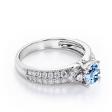 Antique 4 Prong 1.50 Carat Round Cut Aquamarine And Diamond Vintage Milgrain Layered Engagement Ring In White Gold