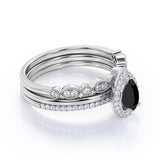 Bestselling 1.75 Carat Pear cut Trio Wedding Ring Set with Lab Black Diamond on Rose Gold for Her
