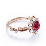 Floral Halo 0.7 carat Round Lab-Created Ruby and Diamond Engagement Ring in White Gold