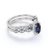 Vintage Hidden Halo 1.75 Carat Oval Cut Lab Alexandrite and Diamond Art Deco Bridal Set Rings