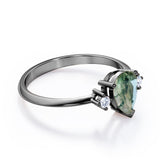 Special Gift - Trilogy 0.6 carat Pear Green Moss Agate and Moissanite Engagement Ring in White Gold