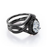 Milgrain Halo-Style 1.75 TCW Pear Cut Moissanite with Lab Created Black Diamond Pave Channel Wedding Ring Set in Black Gold