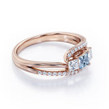Shared Prongs 1 carat Princess Aquamarine and Moissanite Split Shank Band Engagement Ring in Rose Gold