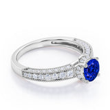 Classic Four Prong 1.45 Carat Round Cut Lab-Created Sapphire And Diamond Vintage Milgrain Engagement Ring In Rose Gold