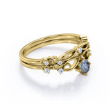 Dainty Filigree 0.65 Carat Round Cut Druzy Black Rutilated Quartz and Diamond Contour Solitaire Wedding Set Rings