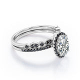 1.65 TCW Oval Cut Moissanite with Lab Created Black Diamond - Milgrain Filigree - Scalloped Pave Bridal Ring Set in White Gold