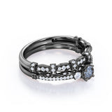 Vintage Milgrain 0.65 Carat Round Cut Genuine Salt and Pepper Diamond Three Stone Wedding Ring Set In White Gold