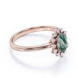 Unique 0.6 carat Oval Moss Agate and Moissanite Floating Halo Engagement Ring in White Gold