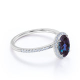 Minimalist 1.50 Carat Oval Cut Lab Made Alexandrite and Diamond Halo Pave Engagement Ring